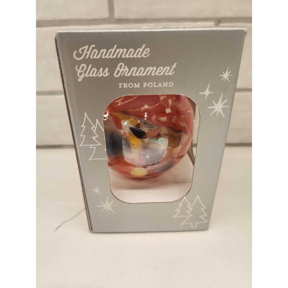 Zorza Polish Blown Art Glass Ball Christmas Ornament 3.5"‎ Orange Pink With Box